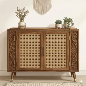 Modern wood and cane sideboard storage unit, a popular choice of boho furniture for sale for dining rooms.