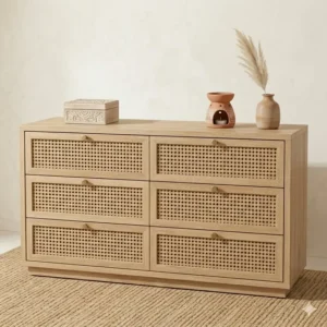 Illustration 3: A 6-drawer wooden dresser with woven cane accents and brass handles in a boho bedroom furniture set.