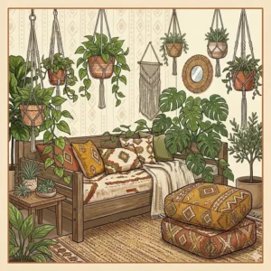 Illustration 3: Digital artwork of boho look furniture styled with lush indoor greenery and hanging macrame plant holders.