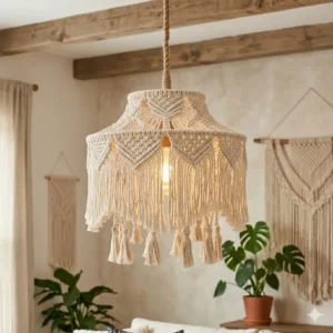 Cream-colored macrame fringe boho chandelier with bohemian tassel details.