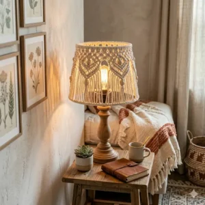 A small macrame shaded table lamp providing soft ambient boho style lighting on a bedside table.