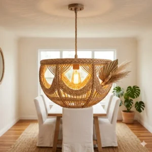 Hand-woven rattan bohemian chandelier providing warm, textured lighting in a coastal-themed dining area.