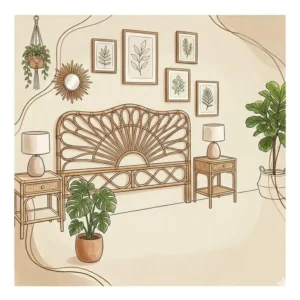 Handcrafted rattan headboard design for a stylish boho chic bedroom set.