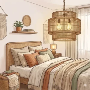 Cozy bedroom featuring a tiered wicker bohemian light fixture and layered linen bedding.
