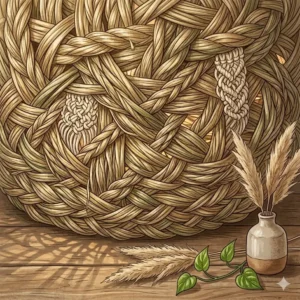 Close-up detail of the natural woven seagrass texture on a semi-flush mount boho sconce.