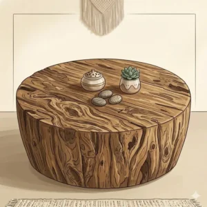 A round reclaimed wood coffee table showcasing the natural textures of authentic boho furniture for sale.