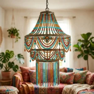 Eclectic bohemian chandelier featuring vibrant turquoise and amber glass beads with antique brass accents.