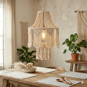 A tiered boho chandelier hanging over a rustic wooden dining table.