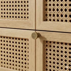 Illustration 4: Detailed view of natural jute and light-toned wood textures used in a boho bedroom furniture set.