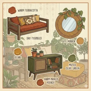 Illustration 4: A color guide for boho look furniture featuring warm terracotta, ochre, and muted olive green tones.