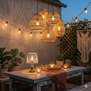An outdoor patio area featuring hanging bamboo lanterns and boho style lighting for a backyard retreat.