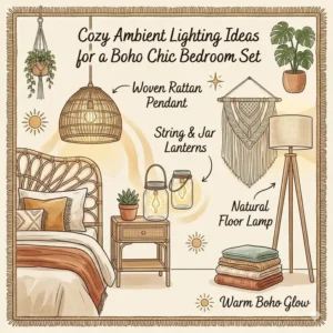 Cozy ambient lighting guide for an aesthetic boho chic bedroom set.