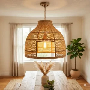 Sustainable bamboo bohemian chandelier in a bell shape hanging over a wooden dining table.