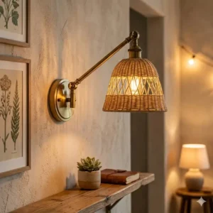 A brass swing-arm wall sconce paired with a wicker shade, blending functional task lighting with boho style lighting.