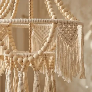 Close-up shot of the artisanal beads and hemp rope texture on a boho chandelier.