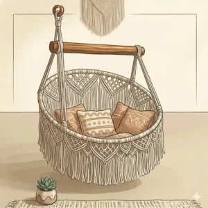 Cozy macrame hanging swing chair with fringe details, featured in our boho furniture for sale section.