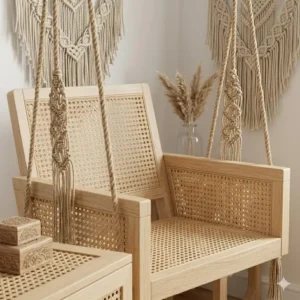 Illustration 5: A cream macrame swing chair styled next to a wooden vanity, enhancing a boho bedroom furniture set layout.