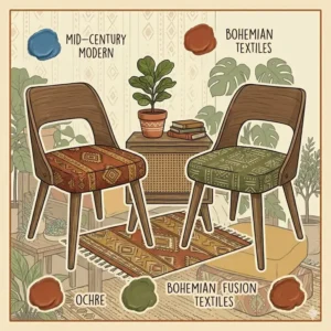 Illustration 5: Mid-century modern chairs paired with boho look furniture accents and colorful woven rugs.