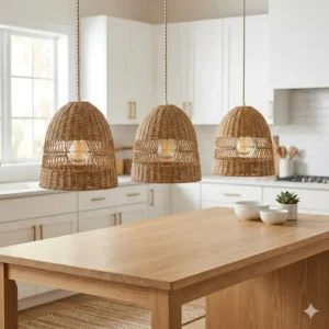 A trio of small bell-shaped bohemian pendant light fixtures installed over a modern kitchen island.