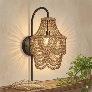 A modern boho sconce design combining matte black metal arms with a light wood bead shade.