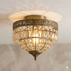 Close-up of a vintage brass and glass bohemian light fixture flush mount for low ceilings.