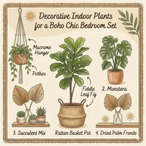 Lush indoor plants arranged around a cozy boho chic bedroom set.