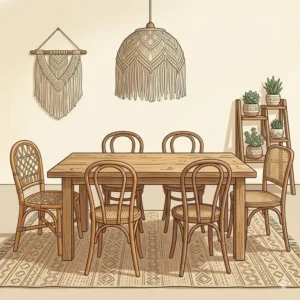 Minimalist oak dining table and woven chairs representing high-quality boho furniture for sale.