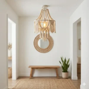 A small, semi-flush mount boho chandelier lighting up a minimalist home entryway.