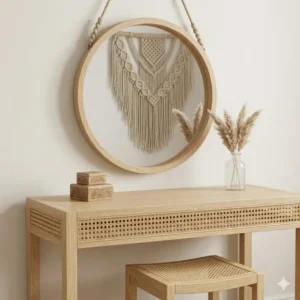 Illustration 6: Minimalist light wood vanity desk with a round mirror, perfectly matching a boho bedroom furniture set.