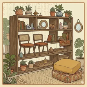 Illustration 6: Detailed illustration of a wooden boho look furniture bookshelf styled with eclectic decor, pottery, and vintage trinkets.