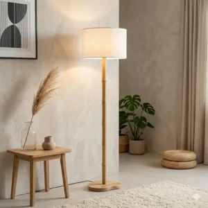 A minimalist bamboo floor lamp in a neutral-toned room representing the Scandi boho style lighting trend.