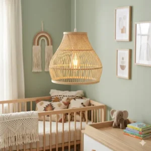 Whimsical bamboo bohemian pendant light providing warm ambient lighting in a boho-style nursery.