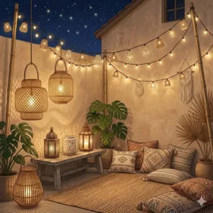 Outdoor patio area decorated with hanging solar-powered lanterns and boho lighting strings.