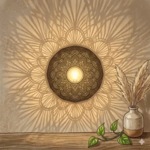An artistic illustration showing the radial light pattern and warm glow produced by a perforated metal boho sconce.
