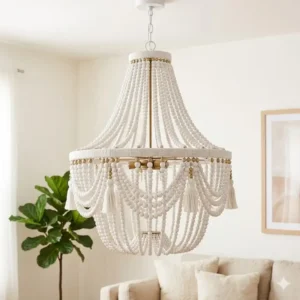 Elegant three-tier bohemian chandelier with white matte beads and a bohemian chic aesthetic.