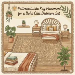 Top-down view of a patterned rug placed under a boho chic bedroom set.