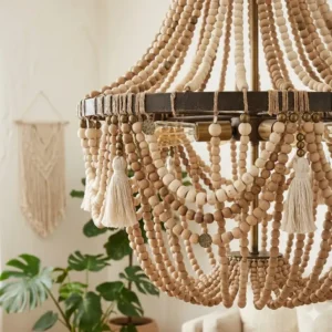 Close-up shot of the intricate beadwork and craftsmanship of a handcrafted bohemian chandelier.