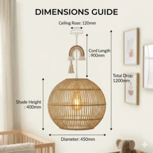 A technical diagram showing the height and width measurements of a spherical bohemian pendant light.