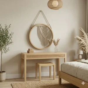 Illustration 7: A wide-angle view of a modern boho bedroom furniture set styled with pampas grass and earthy tones.