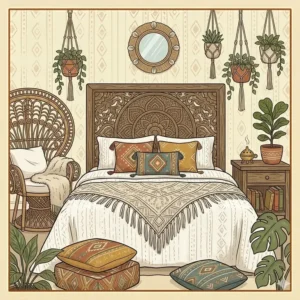 Illustration 7: A cozy bedroom setup featuring a signature peacock chair and a mandala-carved wood headboard for a complete boho look furniture aesthetic.