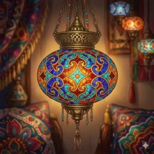 Weathered metal and wood bohemian light fixture lanterns hanging above an outdoor patio dining area.