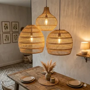 A dining room arrangement featuring a cluster of three seagrass pendant lights for a dramatic boho style lighting statement.