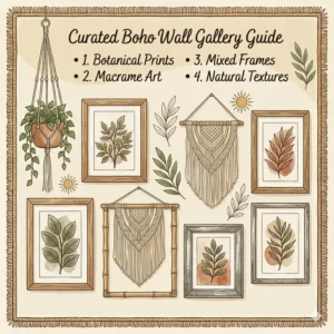 Curated wall gallery art ideas to complement a boho chic bedroom set.