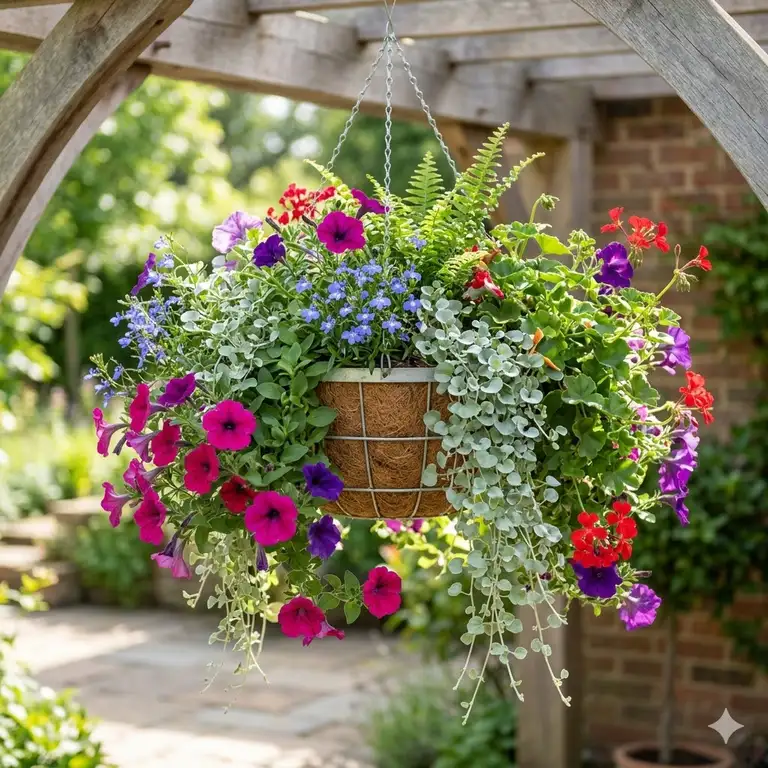 A lush, vibrant square featured image of the best hanging basket plants, featuring trailing petunias, ferns, and dichondra on a sunny porch.