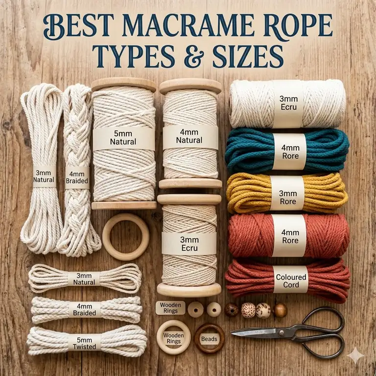 A comprehensive guide showcasing different types, colors, and sizes of macrame rope for crafting projects.