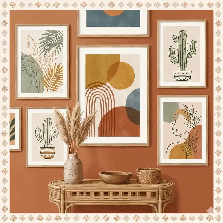 A vibrant living room featuring a curated gallery wall of bohemian artwork with abstract shapes, botanical prints, and earthy tones above a rattan sofa.