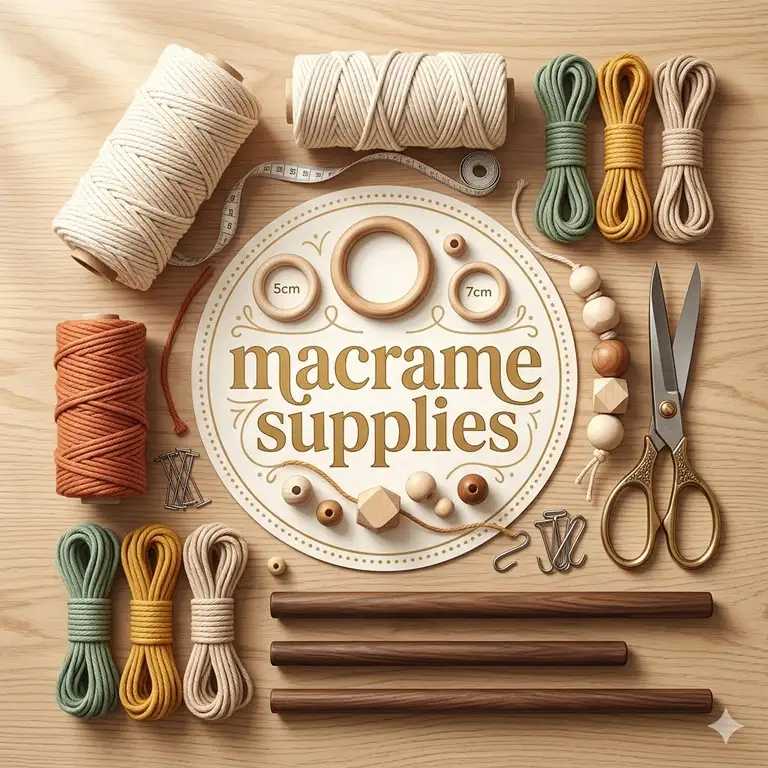 A flat lay of essential macrame supplies including cotton cords, wooden rings, beads, and sharp scissors on a neutral background.