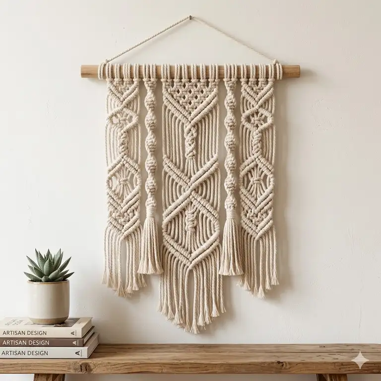 A large, modern macrame rope art wall hanging with intricate knots displayed in a minimalist living room.