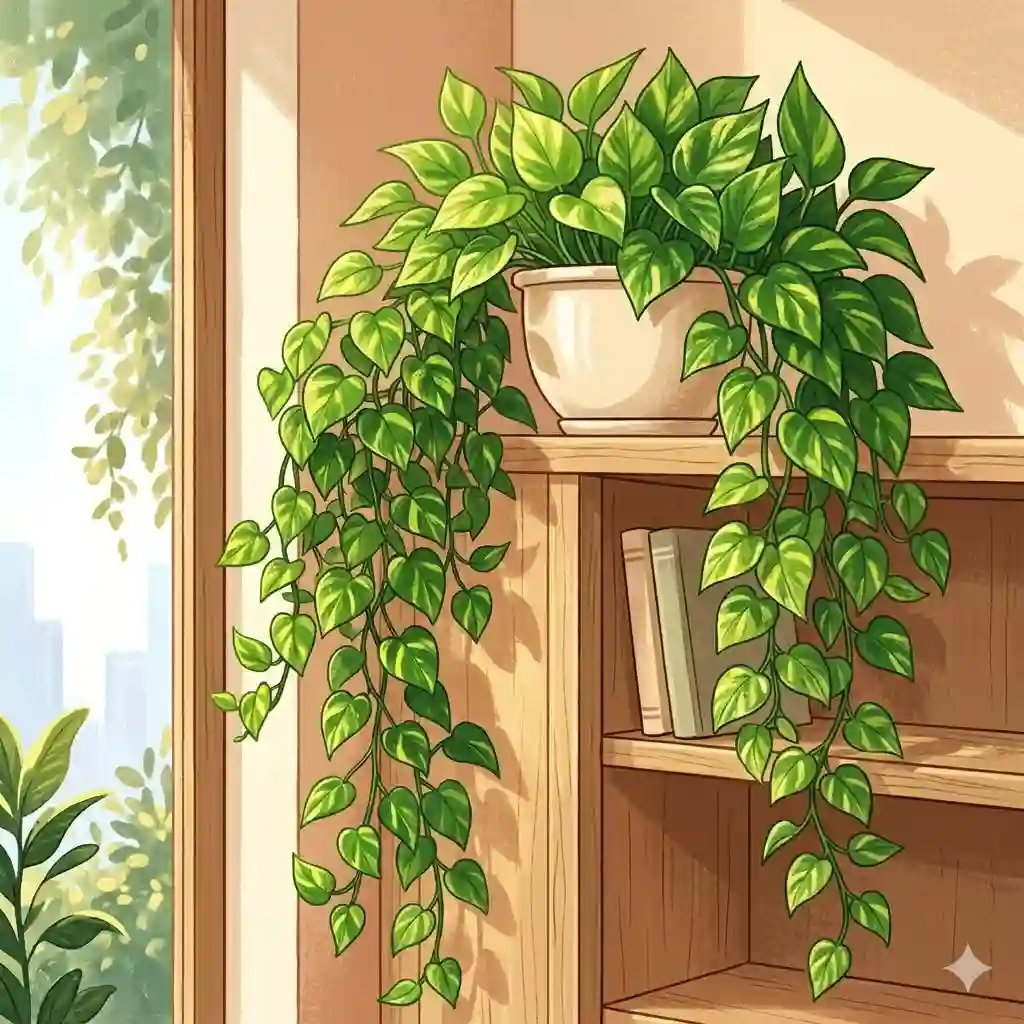 A variety of vibrant trailing houseplants hanging in decorative baskets and cascading down shelves in a sunlit living room.