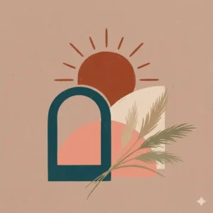 Minimalist bohemian artwork illustrating a terracotta sun rising over abstract geometric shapes and dried pampas grass.